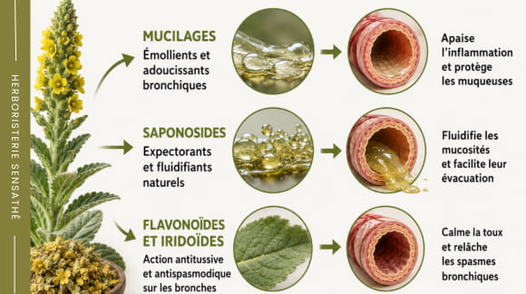 Schéma des propriétés du bouillon-blanc sur les bronches  mucilages, saponosides et action expectorante naturelle - Herboristerie Sensathé